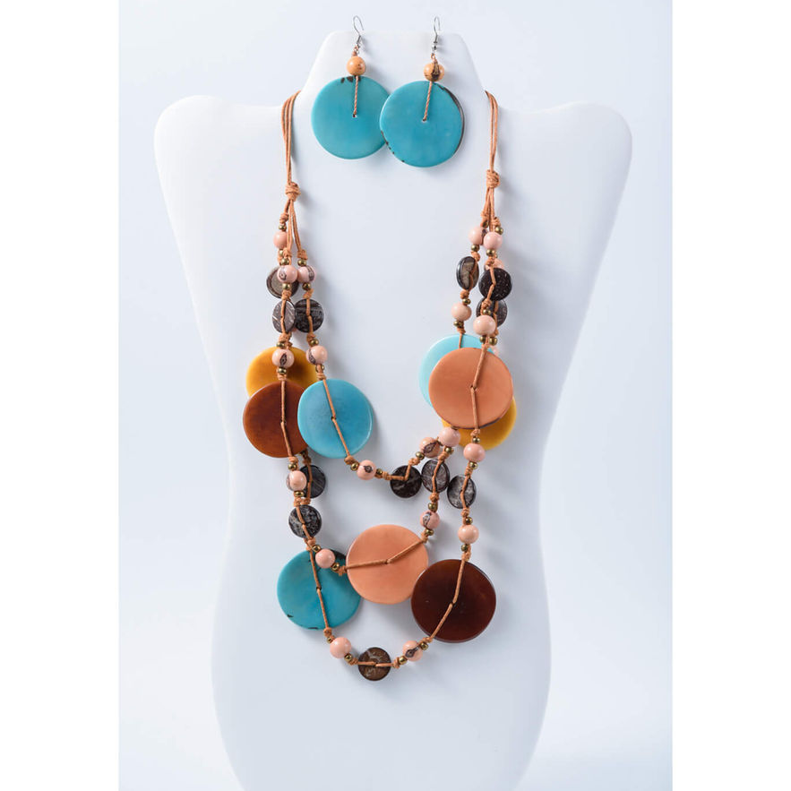Long turquoise brown caramel handmade tagua and coconut necklace with colorful layered beads