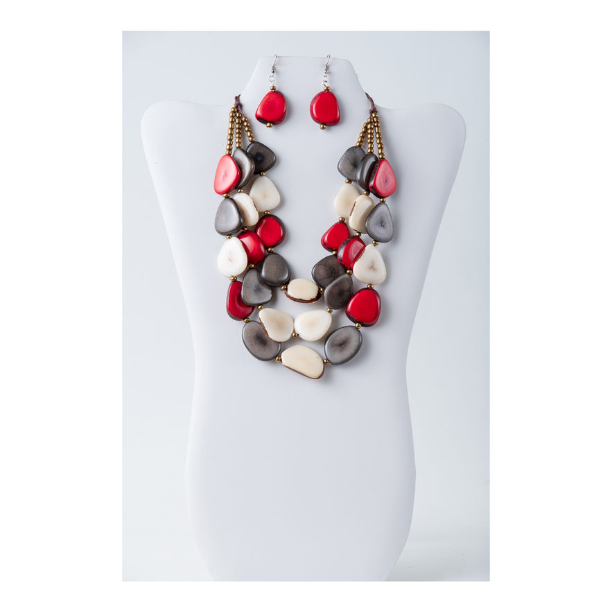 Grey,red and white sliced tagua nut Necklace and earrings set with red errings, handmade, Lightweight, natural, organic.