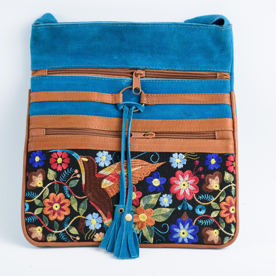Embroidered crossbody bag with bird design