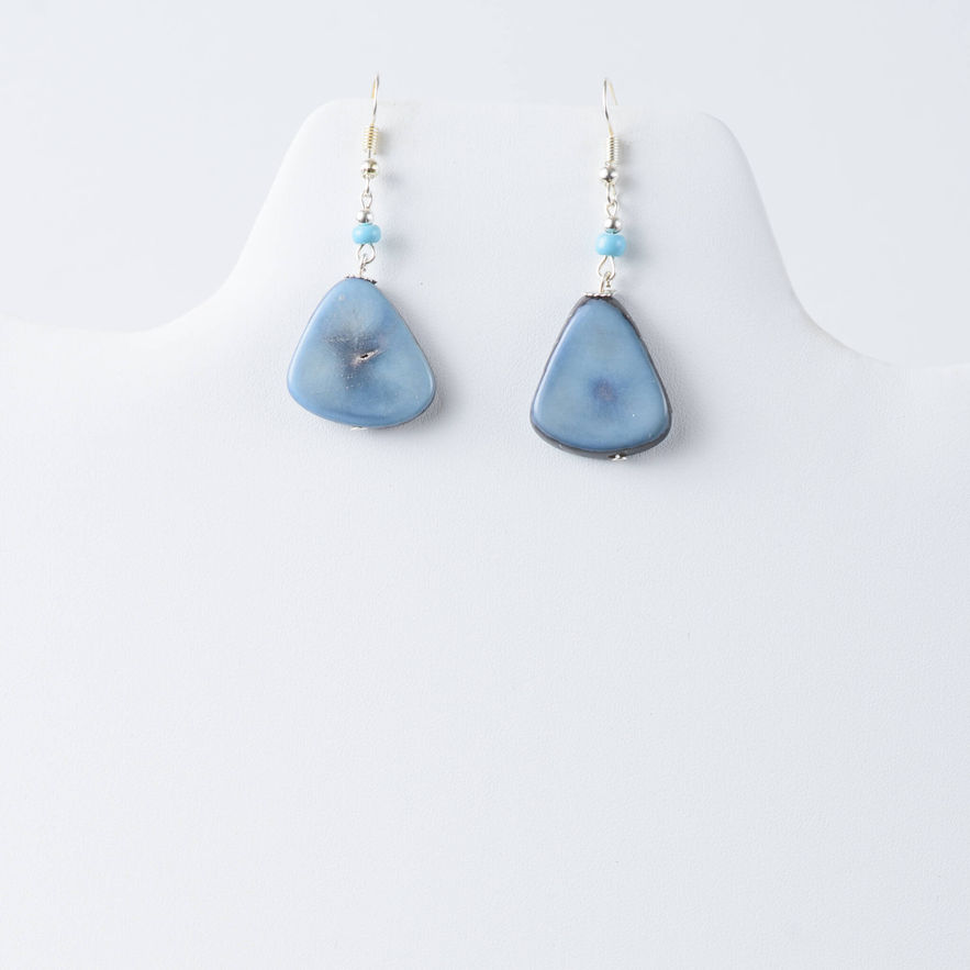 Light blue tagua drop earrings lightweight, handcrafted, organic, natural fashion jewelry made from naturally sourced materials