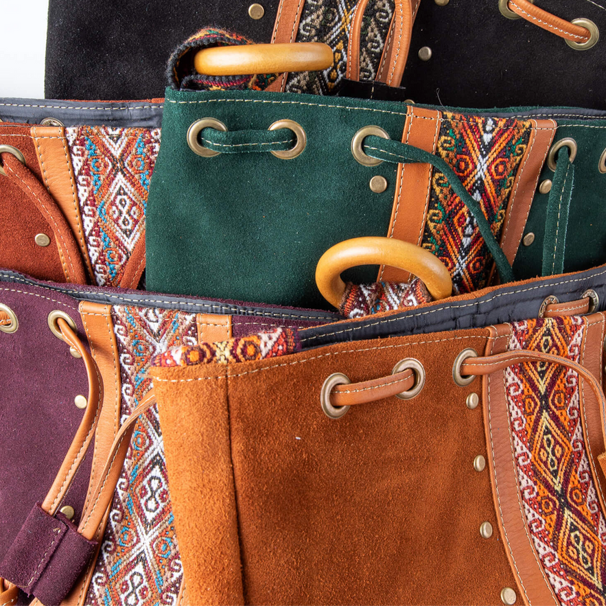Artisan suede drawstring bags