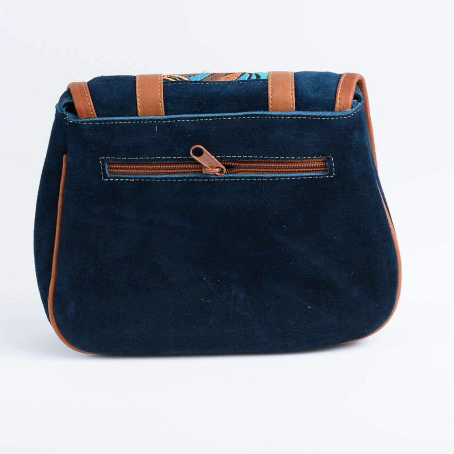 Back navy blue crossbody embroidered leather bag from Ecuador