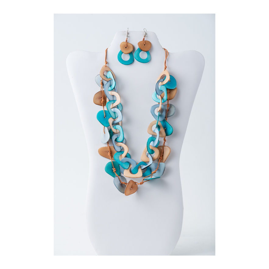 Elegant unique Aqua  Tagua necklace and earrings set  with earth tones