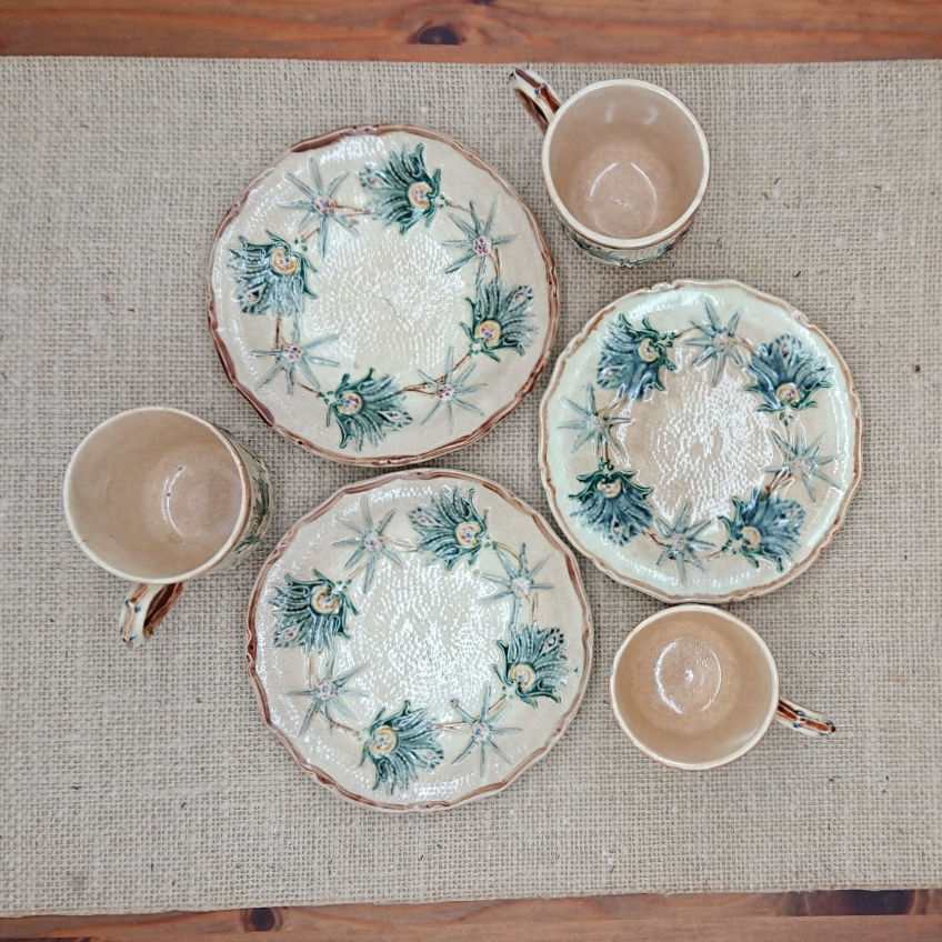 Thumbnail: Belgian Wasmuël barbotine majolica cups and saucers