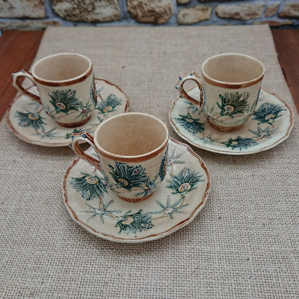 Thumbnail: Belgian Wasmuël barbotine majolica cups and saucers