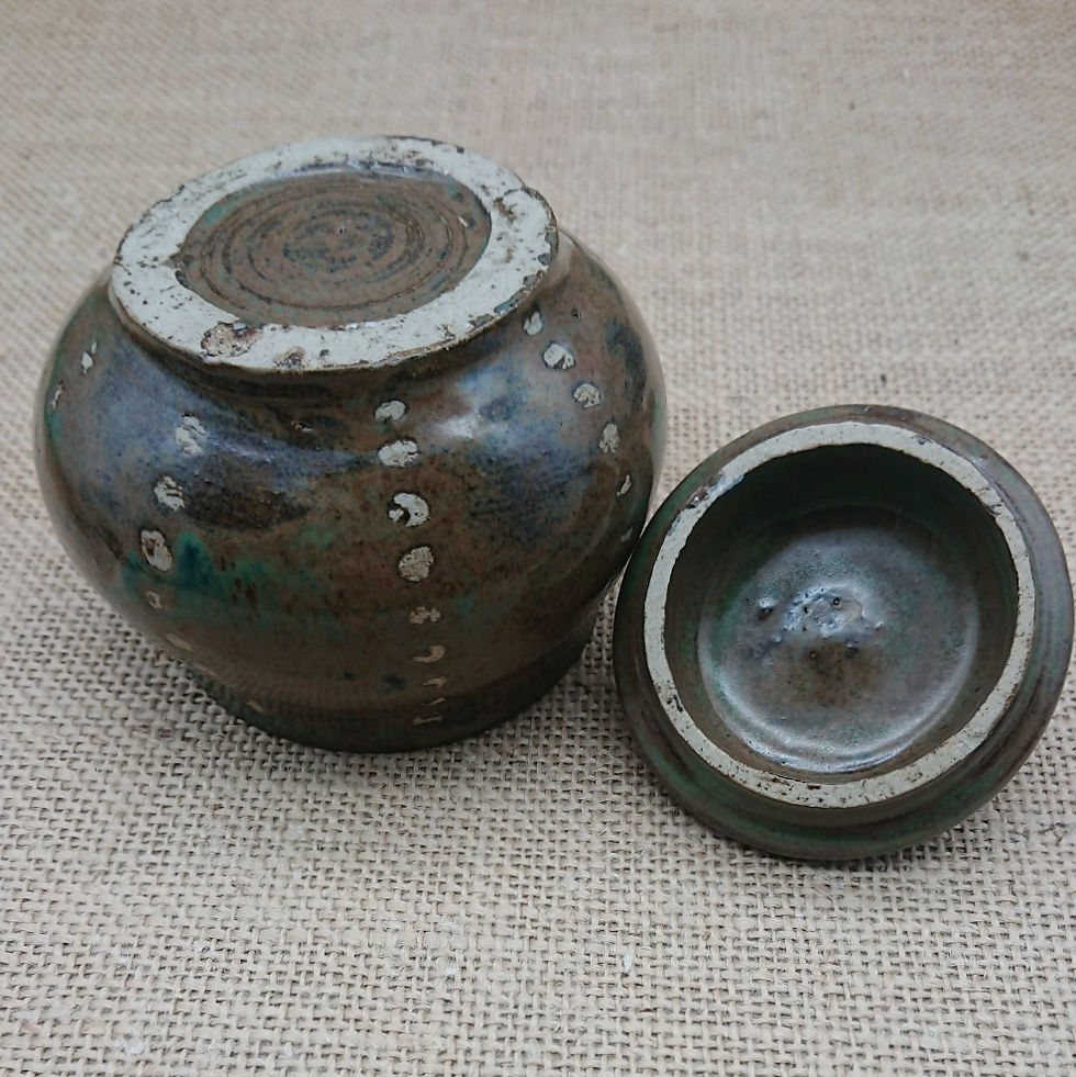 Thumbnail: Copper-glazed, spotted lidded pot