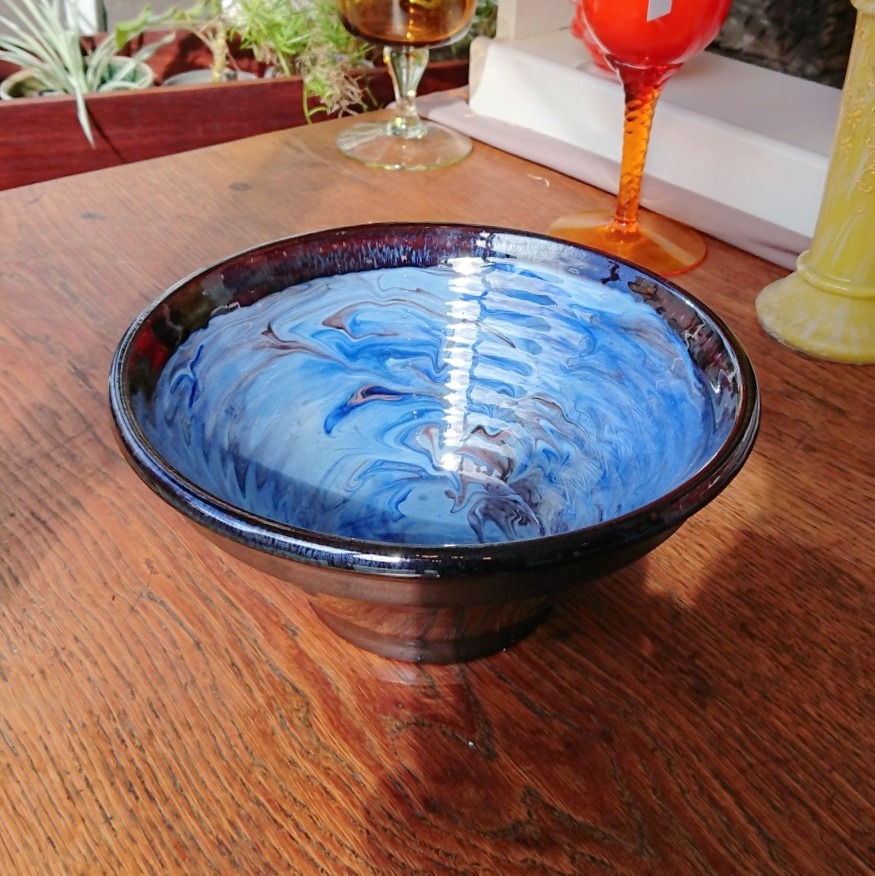 Blue marbled pottery bowl