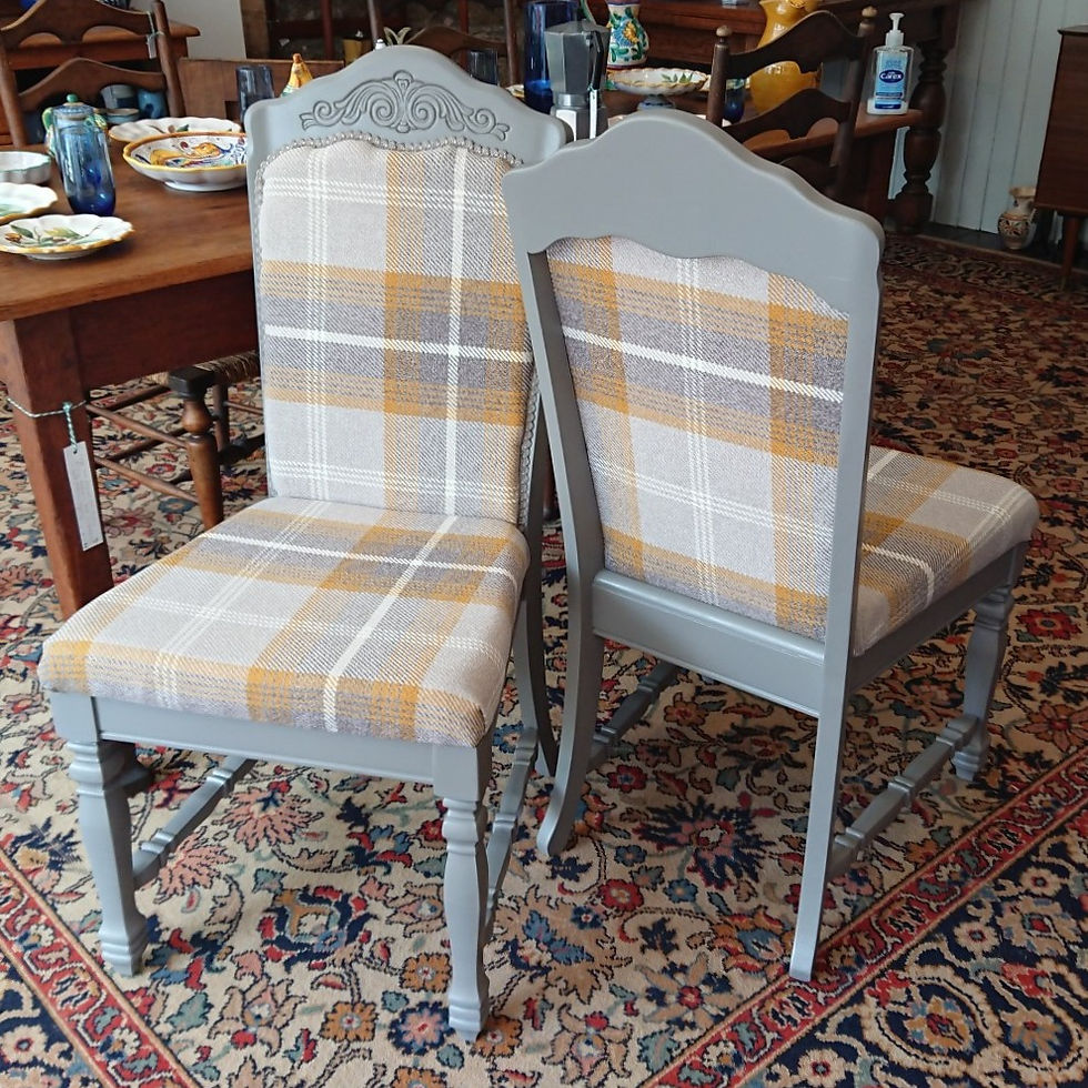 Pair of re-finished dining chairs with tartan upholstery