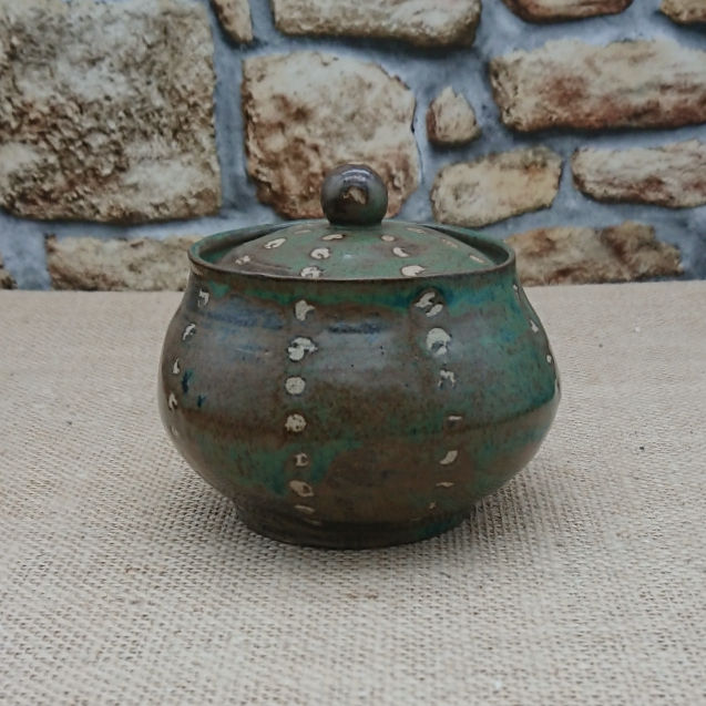 Thumbnail: Copper-glazed, spotted lidded pot