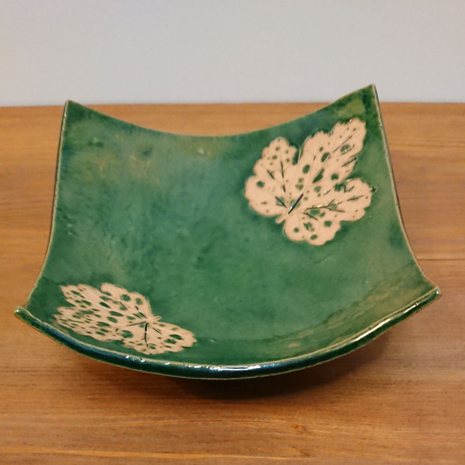 Thumbnail: Square green studio pottery leaf dish