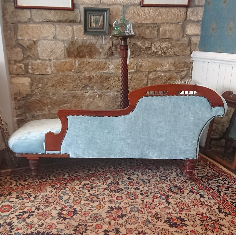 Thumbnail: Edwardian chaise longue, upholstered in duck-egg blue velvet