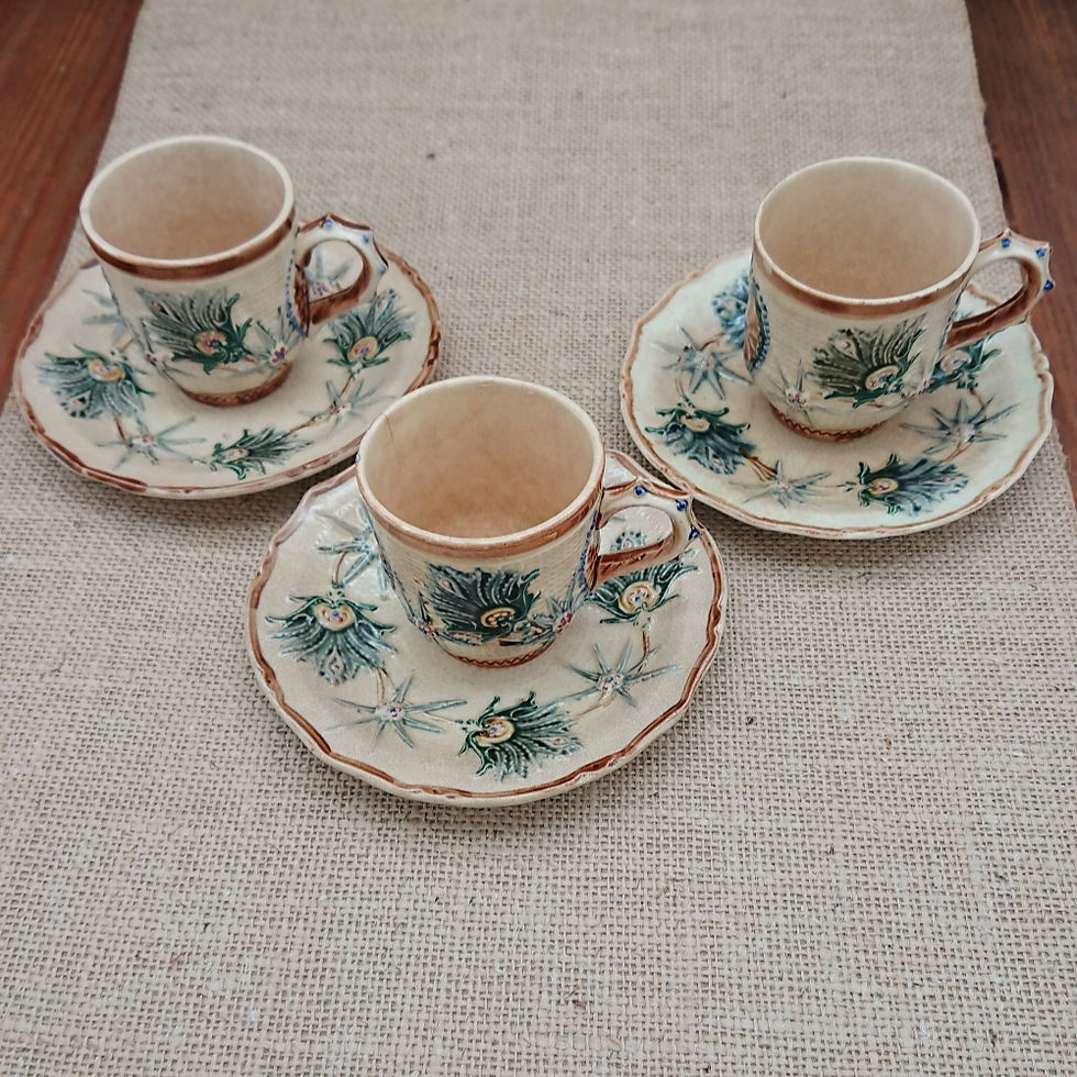 Thumbnail: Belgian Wasmuël barbotine majolica cups and saucers