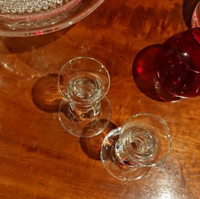 Thumbnail: Pair of large, heavy glass sherry schooner-shaped candleholders