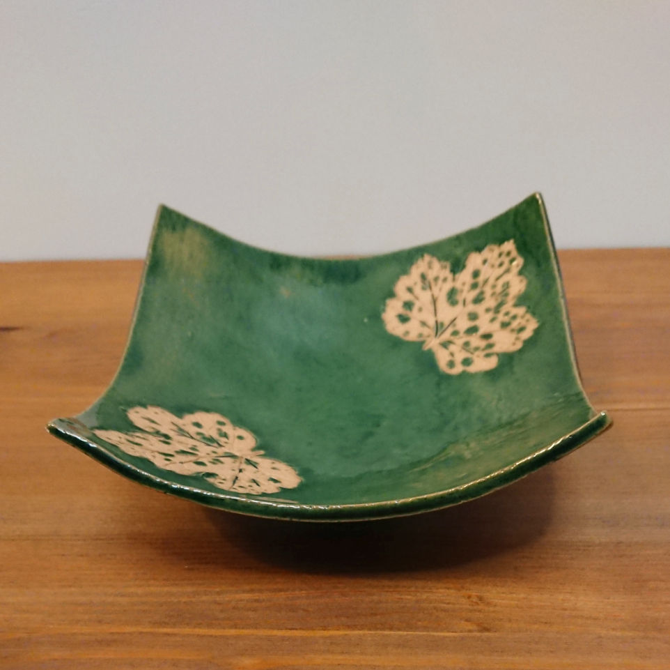 Thumbnail: Square green studio pottery leaf dish