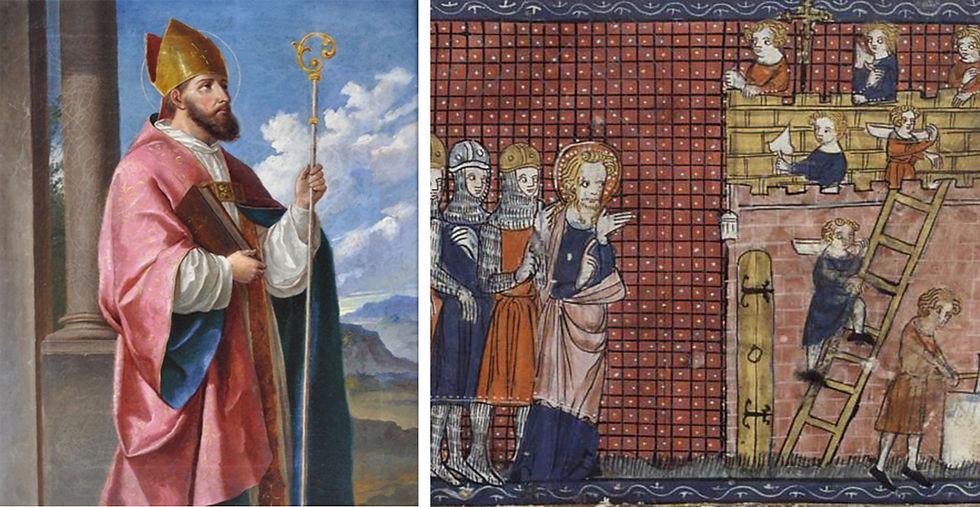 Left: Saint Valentine painting by Matija Bradaška, 1900 Right: Saint Valentine of Terni oversees the construction of his basilica at Terni, from a 14th-century French manuscript.