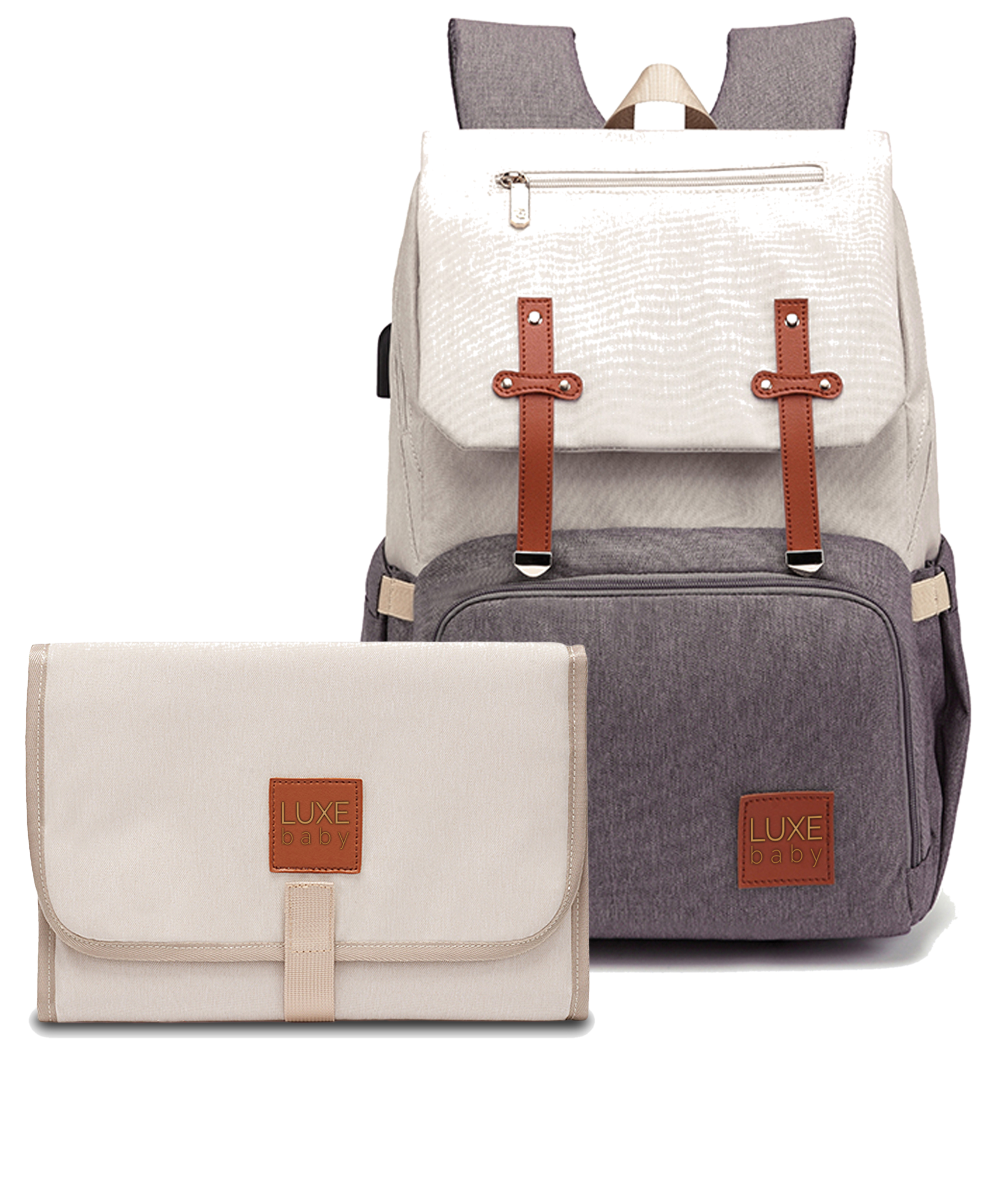 luxe baby bags caddies accessories luxury functional vegan leather canterbu Payton Nappy Backpack & Change Mat Set Black Grey