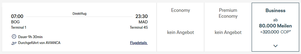 Buchungsübersicht Miles & More Prämienflüge in der Business Class