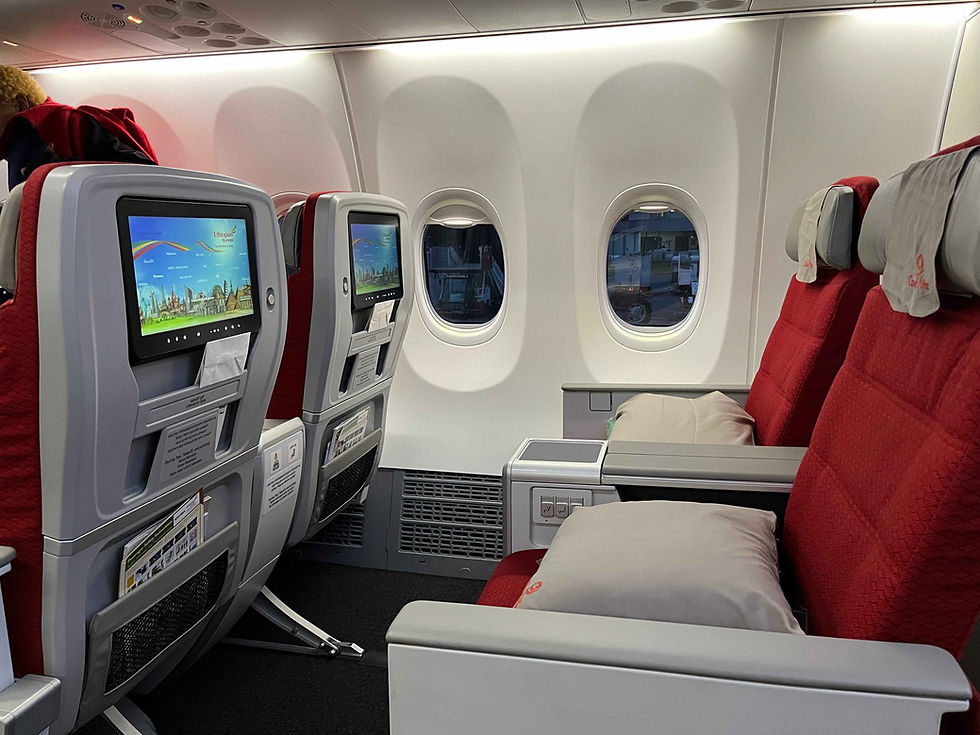 Der Sitz in der Ethiopian Airlines Business Class in der Boeing 737 MAX 8