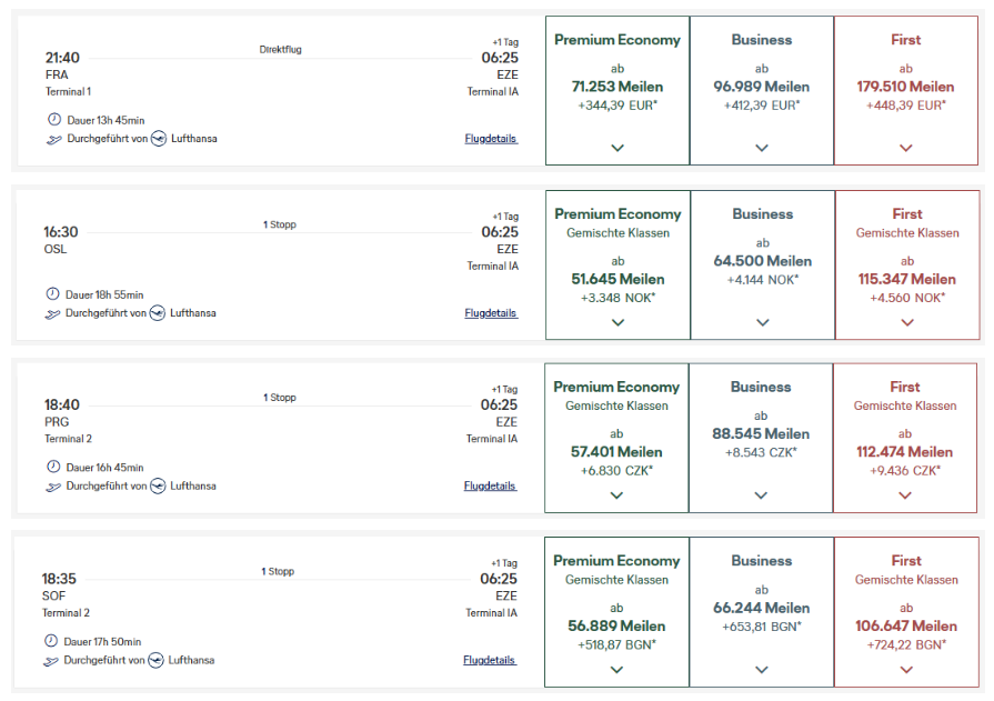 Verschiedene Miles & More Routings nach Buenos Aires