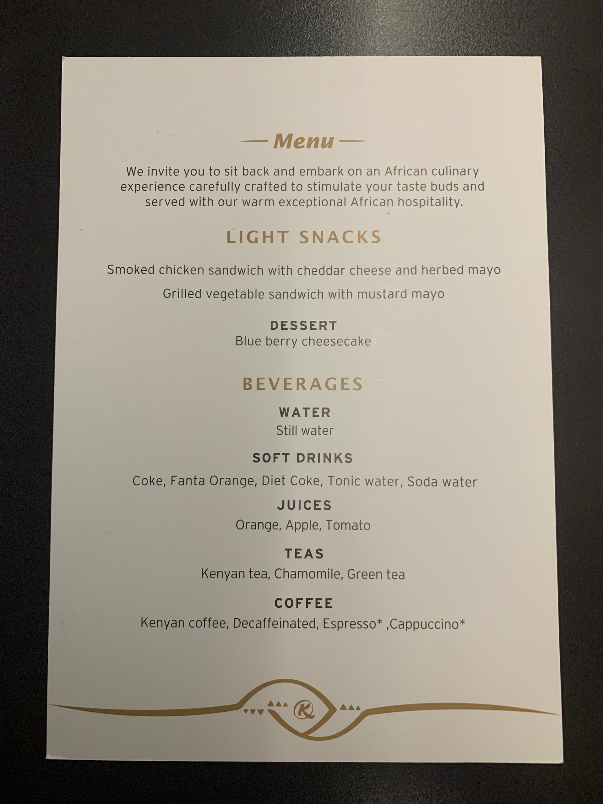 Business Class Menü Kenya Airways CAN-BKK