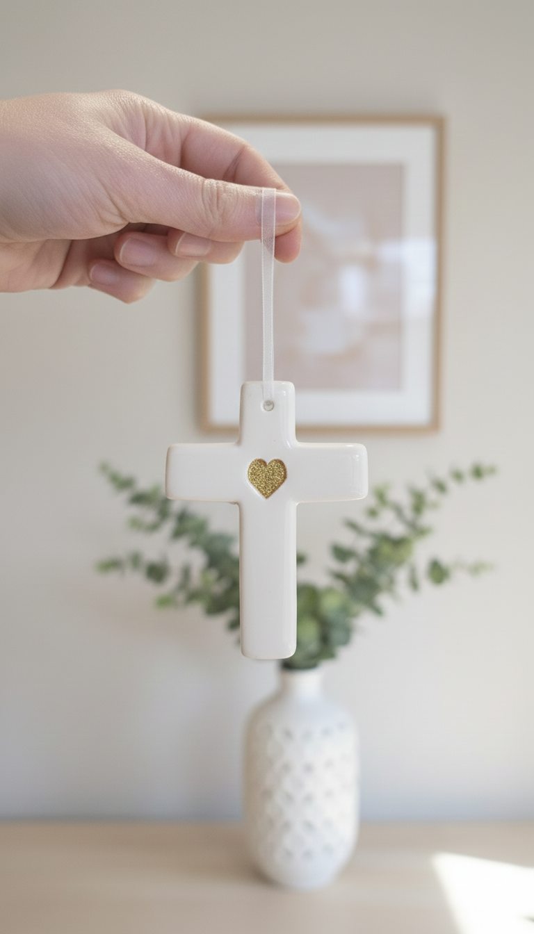 Miniature : Croix en céramique Cœur doré - Fabrication Artisanale