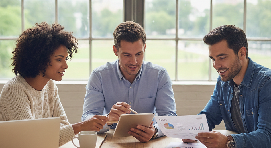 A group of entrepreneurs reviewing Parry and Parry factsheets