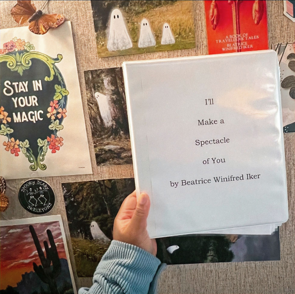 This is a picture of me holding up my binder for I'LL MAKE A SPECTACLE OF YOU research, notes, etc..