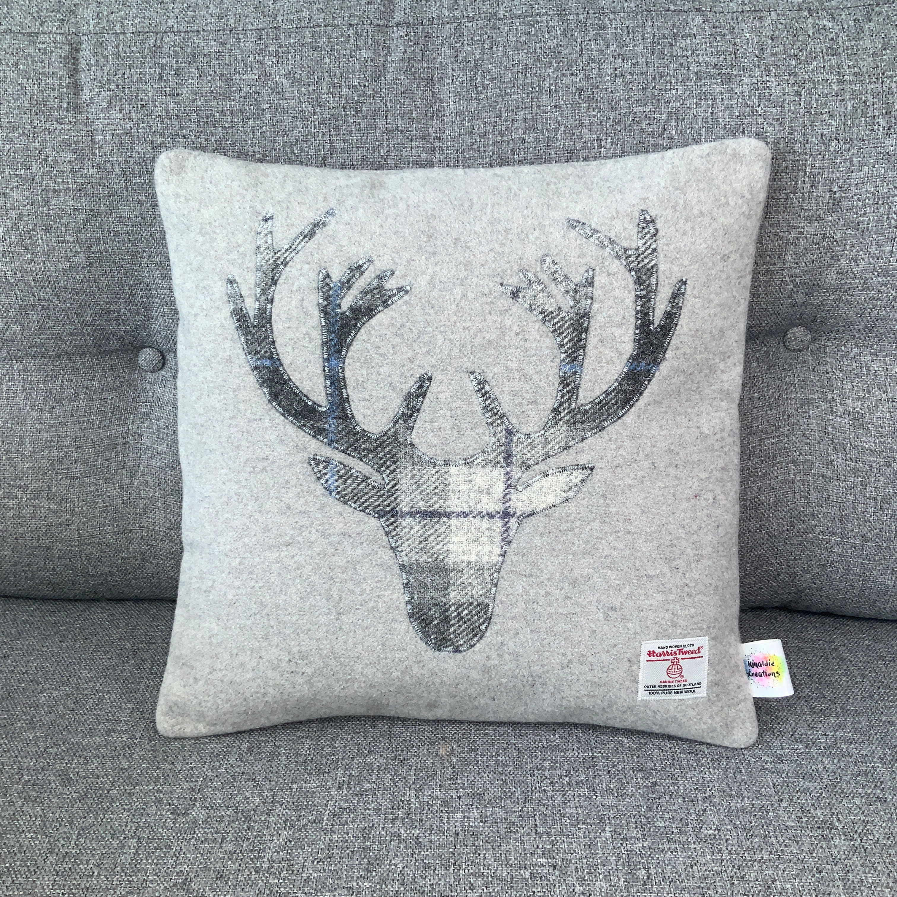 Grey Tartan Harris Tweed  Stag Cushion