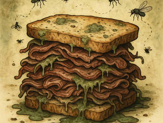 A illustrated sandwich with mold and flies buzzing around.