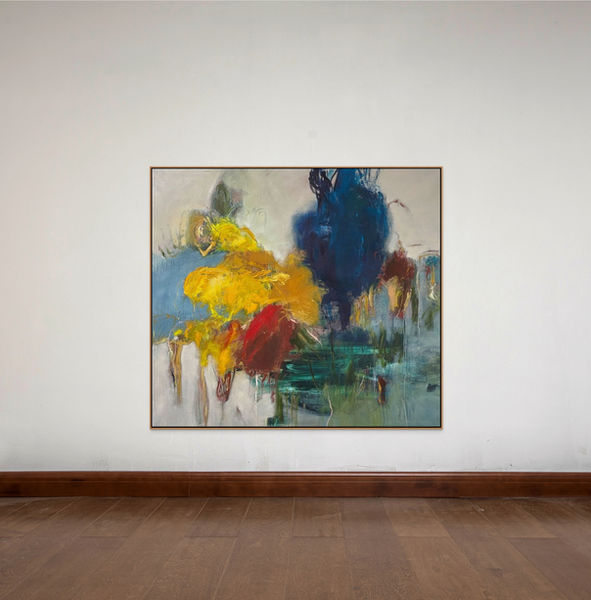 multicolored large abstract oil painting, neutral tones and jewel tones