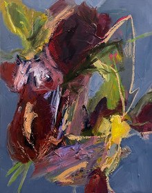 abstract floral oil painting with stormy blue, magenta, and pink