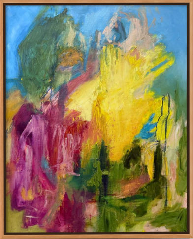 pink, blue, yellow, and green abstract painting