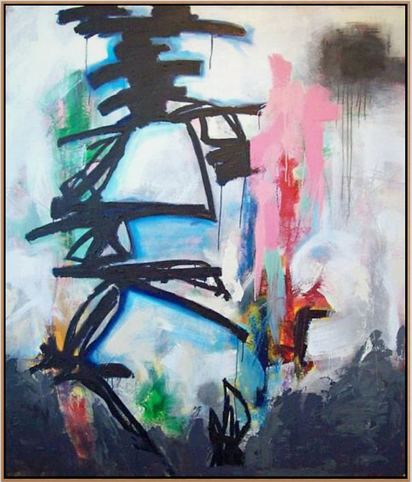 large abstract painting with bold black linework going up the canvas