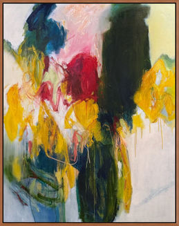 abstract painting with bright yellow, red, and green organic shapes