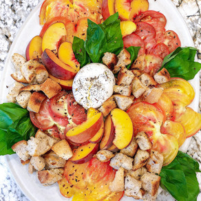 Deconstructed Peach Panzanella Salad with Heirloom Tomatoes, Burrata and Basil
