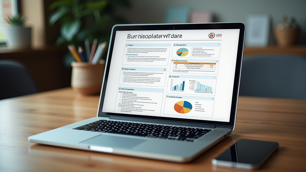 High angle view of a laptop screen showing a business plan template