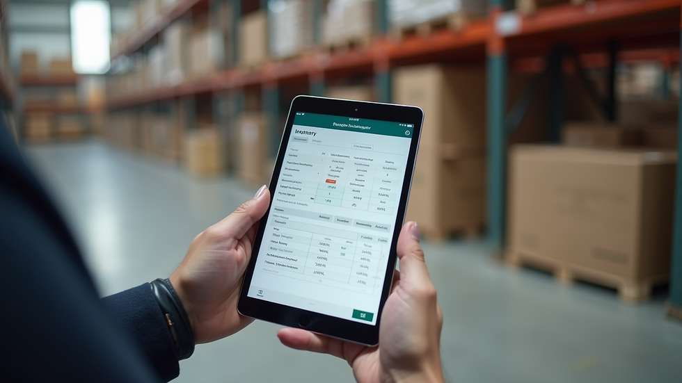 Close-up view of a tablet displaying a custom inventory management app