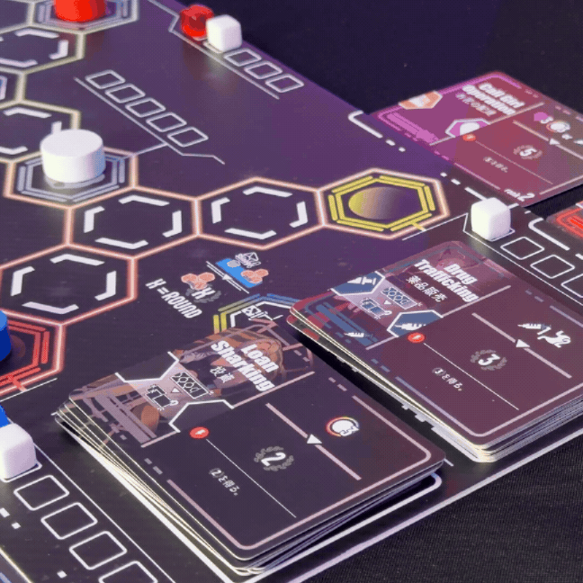 Player moving token on spaces of an astrogation board from the YENA: Succession War board game by JELLY JELLY GAMES.