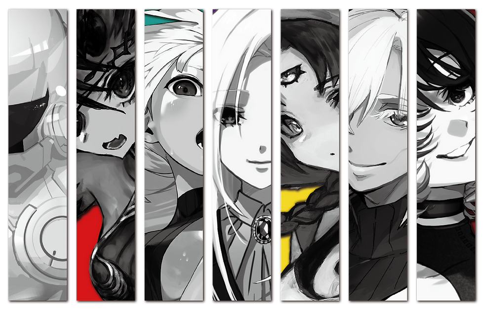 Hero art of seven executive female characters from the YENA: Succession War board game by JELLY JELLY GAMES.