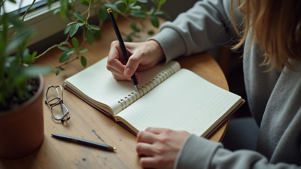 High angle view of a person writing in a notebook surrounded by creative elements