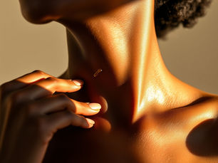 Woman applying perfumed body oil to her collarbone with glowing, moisturized skin in warm sunlight