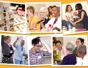 A collage of people smiling, playing games, and guiding each other.