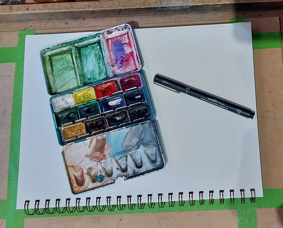 A well used watercolour set from Rosa Gallery ( supporting Ukraine) and my staple Uni Pin fineliner