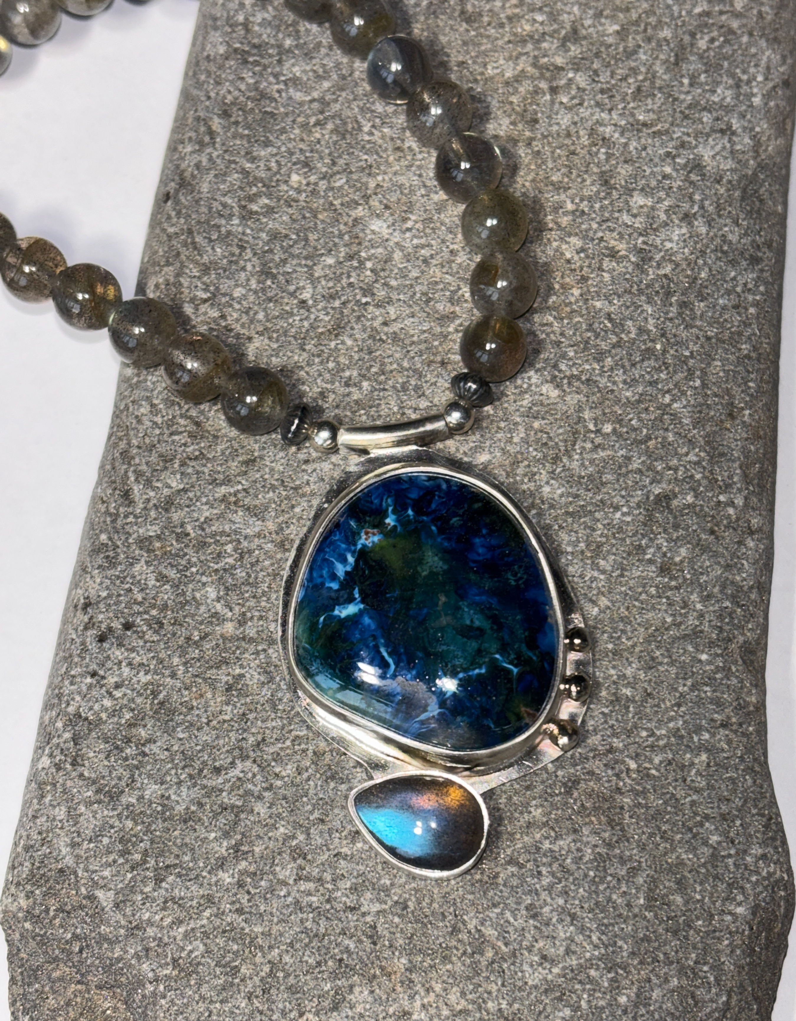 Labradorite necklace with green blue mottled design, designer cabochon