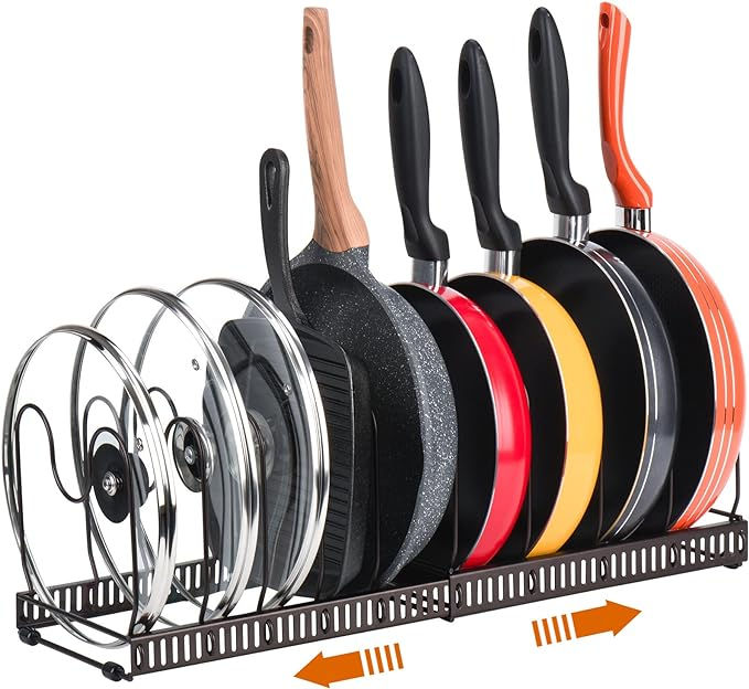 Pots and Pans Organizer Rack for Cabinet and Countertop, 10+ Pot Lids, Bakeware and Cookware Organizer Rack Holder with 10 Adjustable Compartments