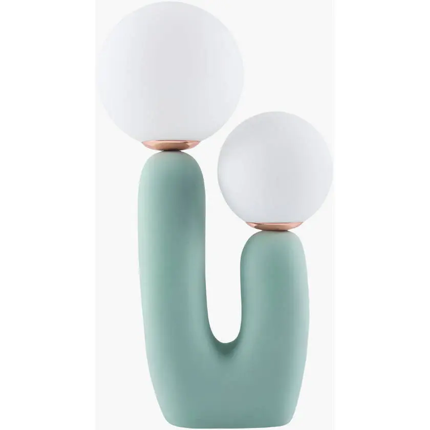 Modern lamp resembling a cactus with two frosted glass globes. The base is mint green with a smooth texture against a white background.