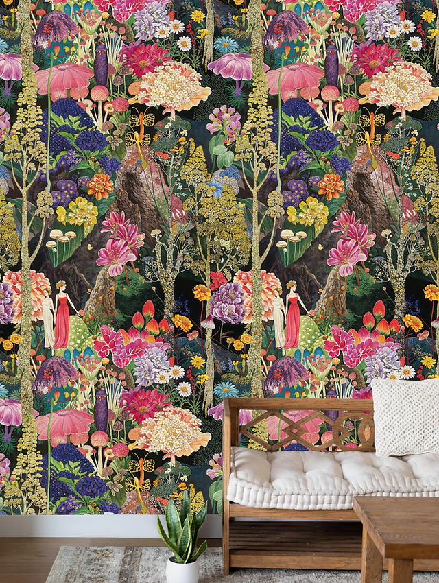 Colorful Botanical Peel and Stick Wallpaper, Vintage Floral Garden Wall Mural, Bohemian Forest Theme Wall Decor for Living Room Bedroom Entryway