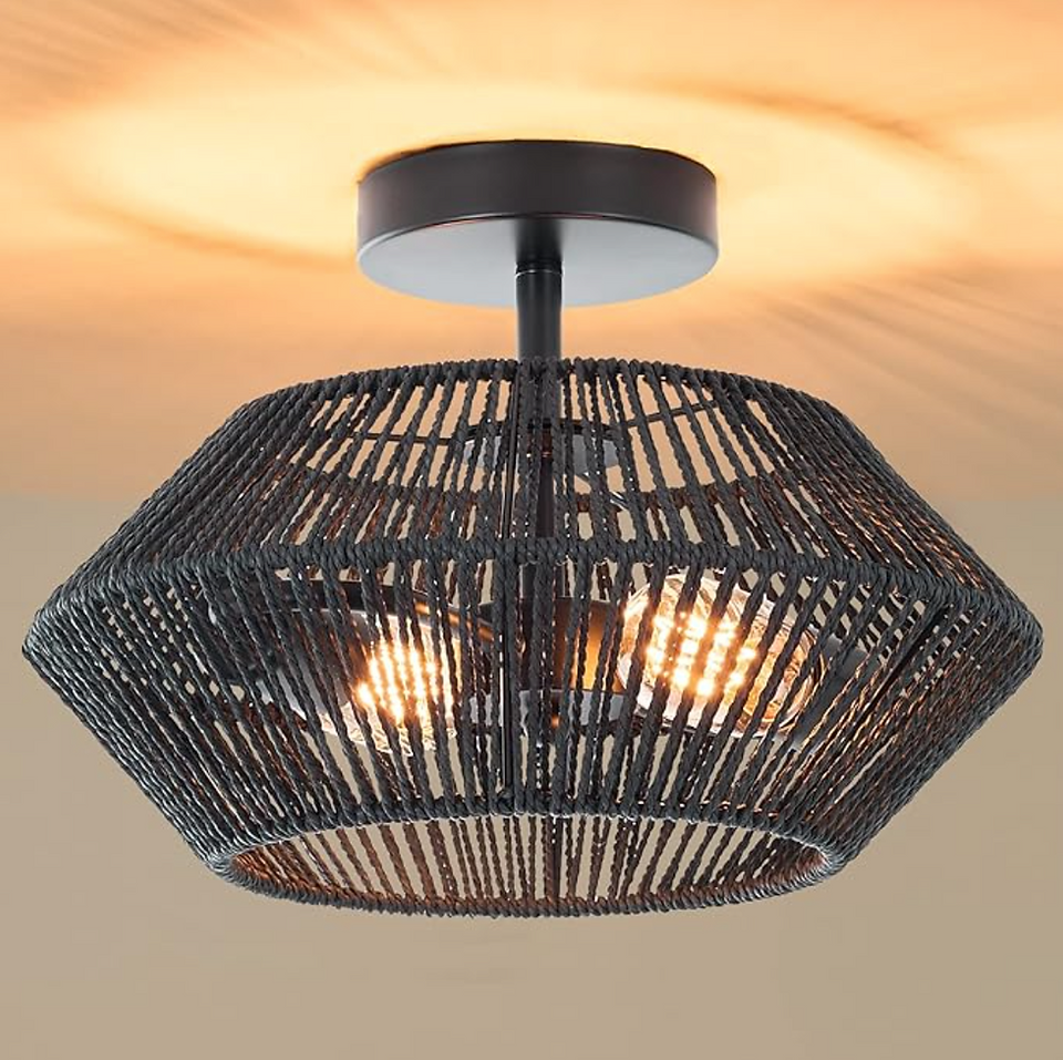black semi flush mount natural fiber light fixture rope