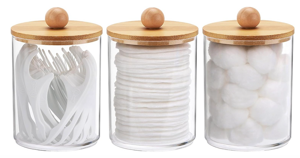 Cotton Swab/Ball/Pad Holder, Qtip Apothecary Jar, Clear Bathroom Containers Dispenser for Storage 3 Pack Wood Lids