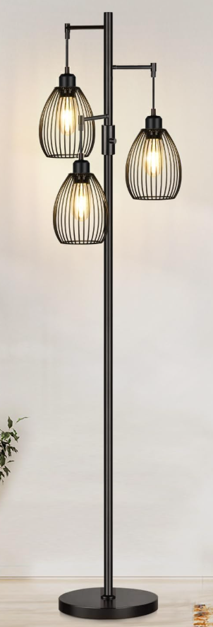 Black floor lamp with three lights, small space lighting, cozy living room lighting, apartment lighting, small space decor